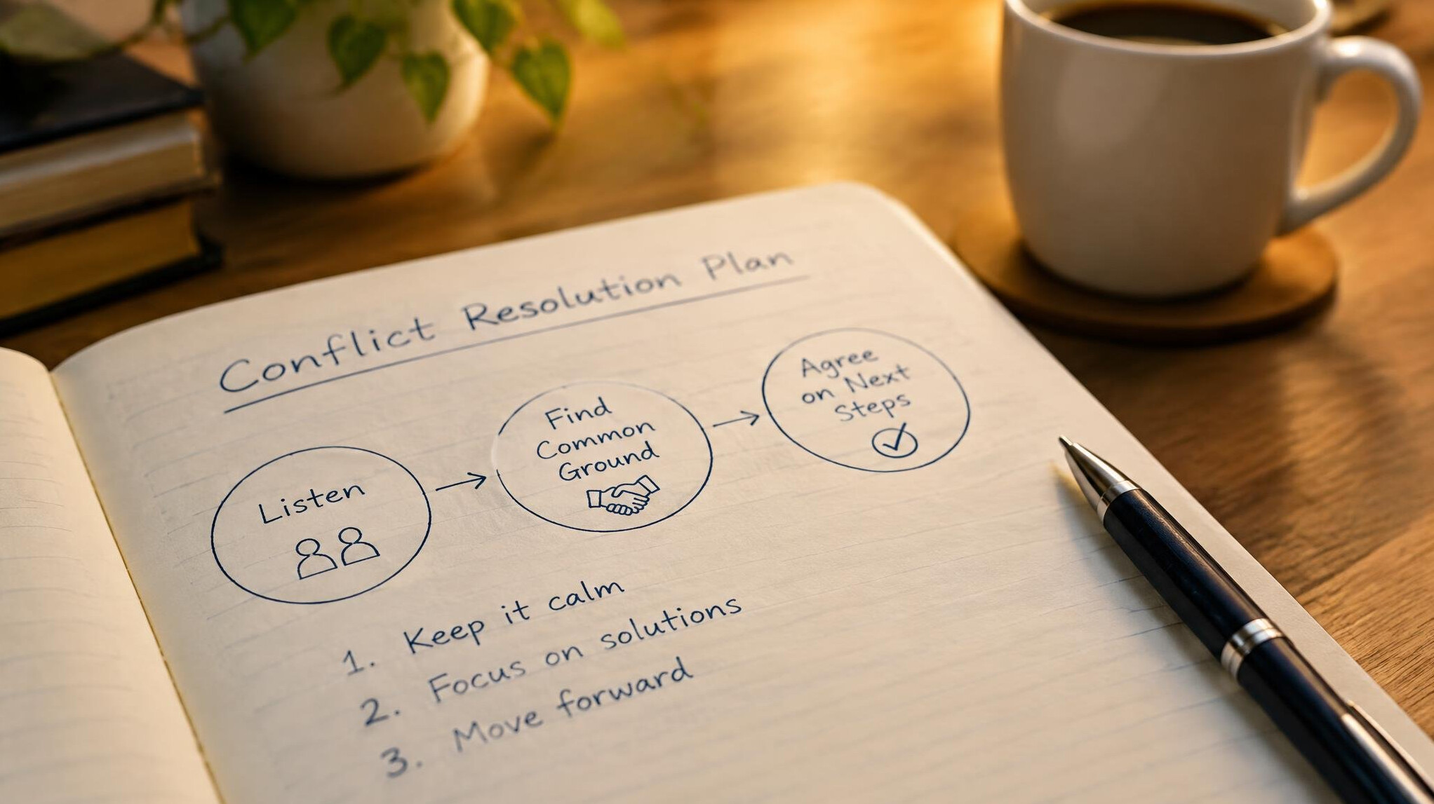 Notebook with a conflict resolution plan on a desk