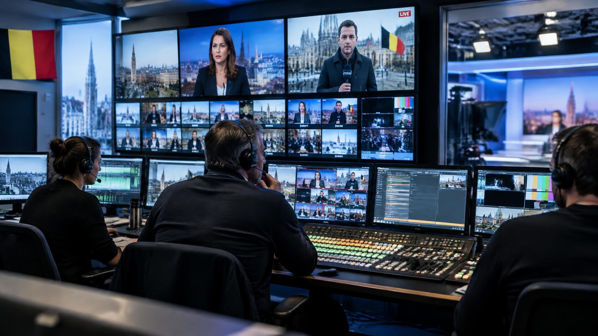 Television control room with producers monitoring a live broadcast